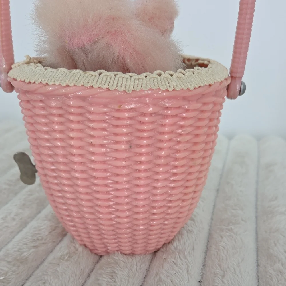 Vintage Japanese Pink Poodle In A Basket Windup Toy
